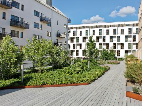 Roof garden with luscious plant beds and wooden decking